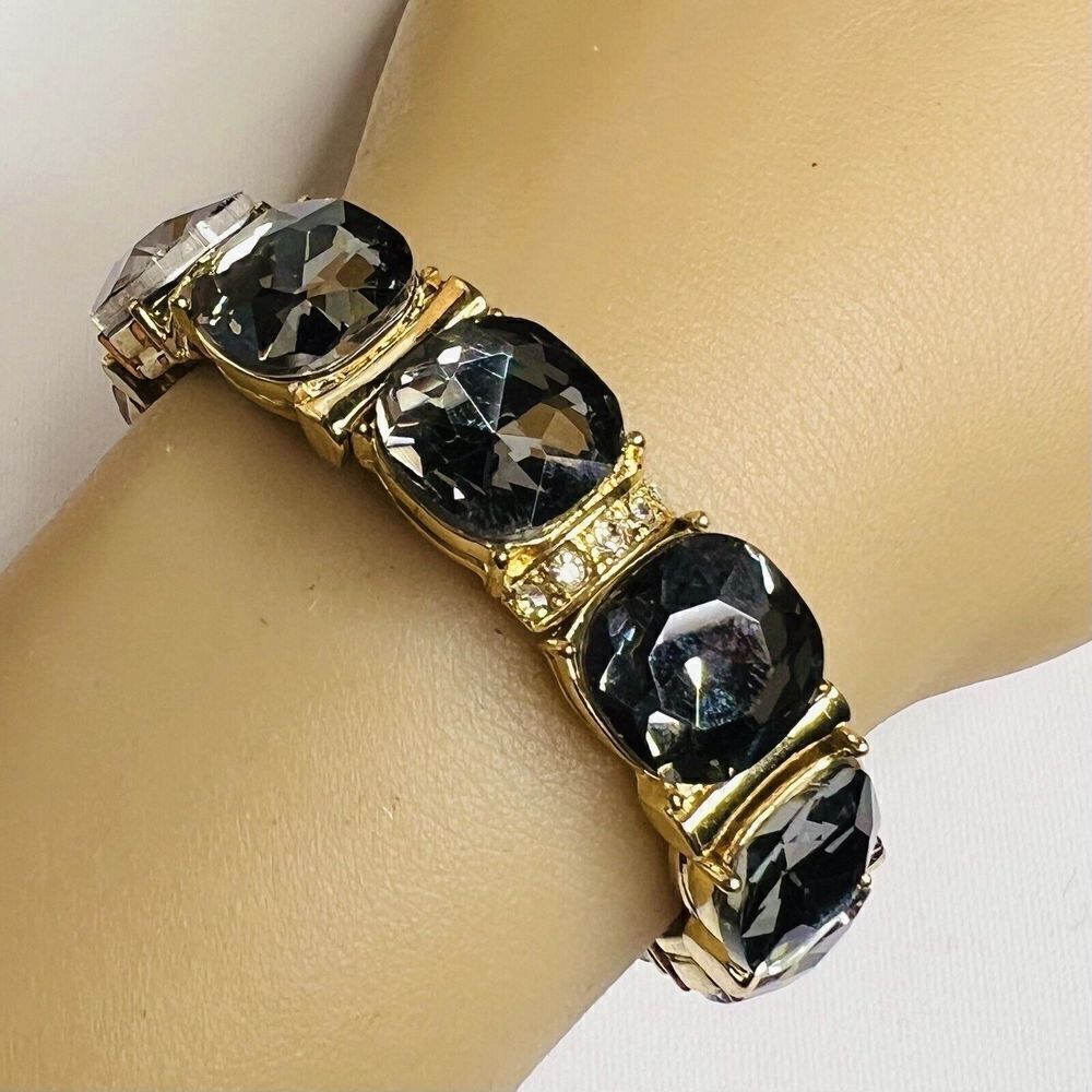 Vintage Roman Gold Clear Smokey Grey Rhinestone Stretch Bracelet Chunky 4754